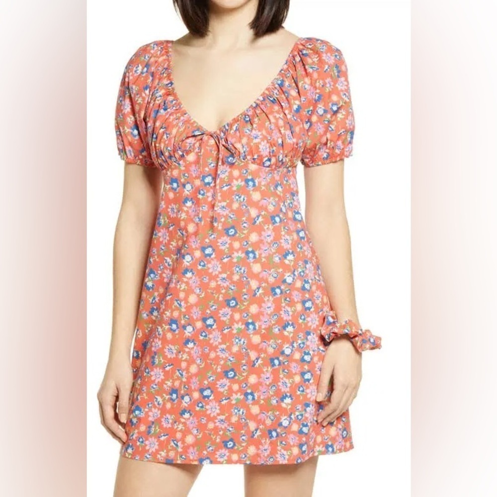 Wayf Women's Small Cruz Floral Minidress Orange Floral V-Neck Gathered Bust